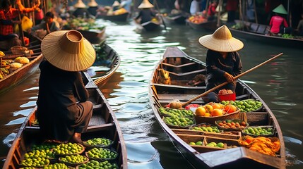 Obraz premium A bustling floating market in Thailand with boats full of fresh produce