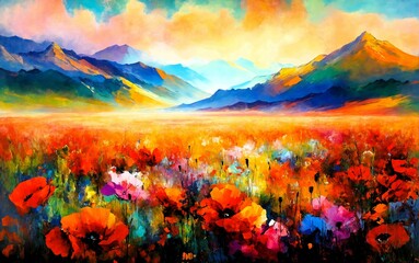 Landscape painting of a hilly field full of poppies, trees, sunrise, sunset