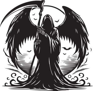 Silhouette of a grim reaper isolated on white background