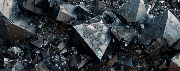 A 3D rendered, abstract panorama of black crystal formations, showcasing a faceted texture that resembles a wide, macroscopic view of a mysterious, dark gemstone landscape.