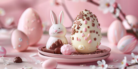 An adorable Easter scene with a chocolate egg, bunnies, and festive decorations celebrating the springtime holiday.