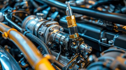 The mechanic carefully removed the worn spark plug from the car engine during routine maintenance, checking for damage on the metal coil and purchasing replacement parts for repair. - obrazy, fototapety, plakaty