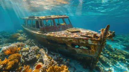 Fotobehang Wreck of "Tugboat" Ship on Colorful Coral Reef in Dutch Antilles of Curacao, Caribbean Sea - Diving and Beach View with Sunbeams © Serhii