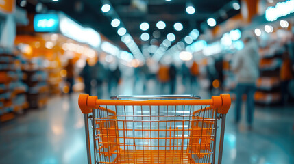 A shopping cart is in a store with people walking around - obrazy, fototapety, plakaty