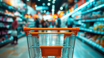 A shopping cart is in a store with people shopping - obrazy, fototapety, plakaty