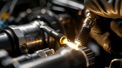 The mechanic replaced the old spark plug with a new metal coil to ensure the car engine ran smoothly after conducting a comprehensive maintenance check and repair of the damaged parts. - obrazy, fototapety, plakaty