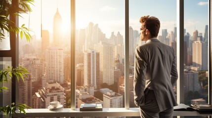 Businessman looking at cityscape from office window - obrazy, fototapety, plakaty