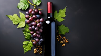Close-up of a bottle of red wine with a bunch of ripe grapes and green leaves on a dark background - obrazy, fototapety, plakaty