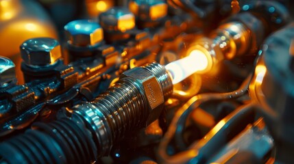 The skilled mechanic carefully checked the metal coil and spark plug in the car's engine during repair to ensure proper maintenance of all essential parts. - obrazy, fototapety, plakaty