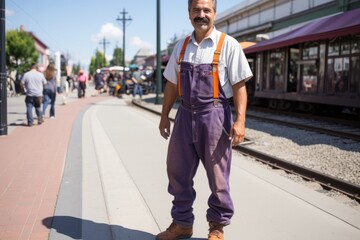 Smiling man wearing purple overalls and an orange suspenders standing on a train platform - obrazy, fototapety, plakaty