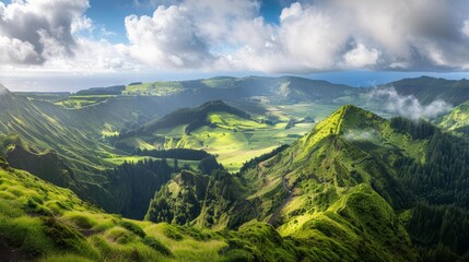 Naklejka na ściany i meble A mountain range with a green hillside and a clear blue sky