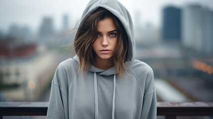Portrait of a young woman in a gray hoodie looking at the camera with a serious expression on her face
