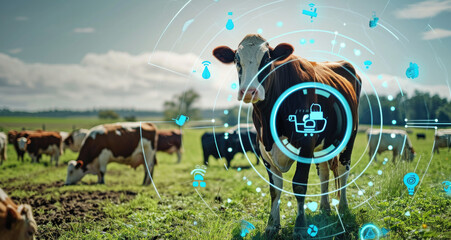 A cow is standing in a field with a blue circle around it - Powered by Adobe