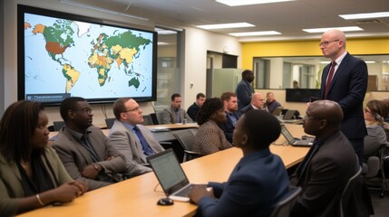 Group of people in a conference room looking at a world map