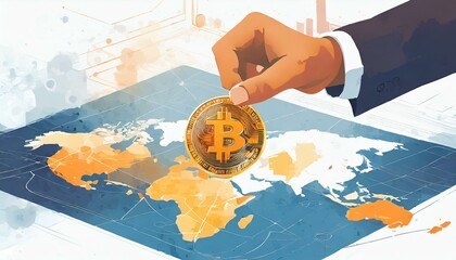 Mans hand putting bitcoin symbol on the map, office table