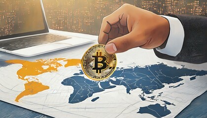 Mans hand putting bitcoin symbol on the map, office table
