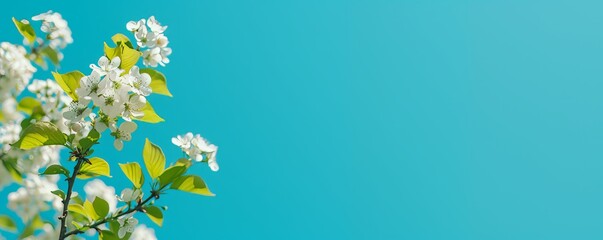 bright blue background with a sakura branch on the side and space for congratulations or advertising
