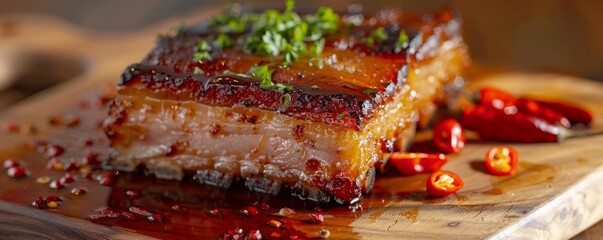 A close-up view of a succulent piece of baked pork belly, accompanied by a tangy sauce and fiery chili peppers, served on a wooden cutting board. - obrazy, fototapety, plakaty