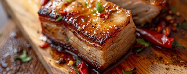 A close-up view of a succulent piece of baked pork belly, accompanied by a tangy sauce and fiery chili peppers, served on a wooden cutting board.