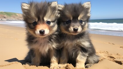 Two Adorable Pomeranian Puppies Sitting on the Beach