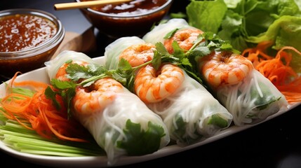 Fresh and healthy Vietnamese summer rolls with shrimp, rice noodles, vegetables, and herbs, served with a sesame peanut sauce