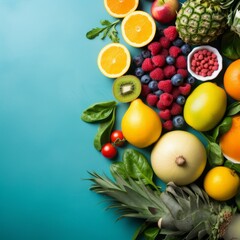 A variety of fruits and vegetables are arranged on a blue background.