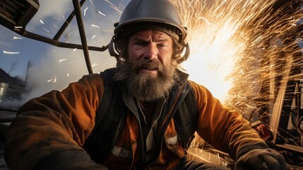 Obraz premium Bearded man in hard hat welding metal