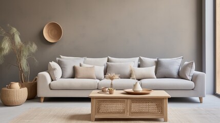 Fototapeta na wymiar Modern minimalist living room interior design with sofa, coffee table, rug, and plant