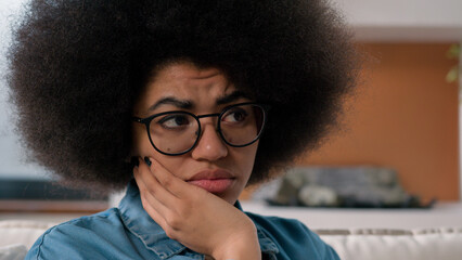 Sad worried African American woman sad upset worried girl stress lady lonely suffering...