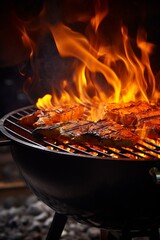 Grilled meat on a flaming barbecue