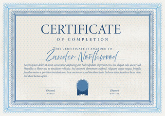 Certificate or diploma in vintage style and blue colors. Frame borders design. Vector illustration