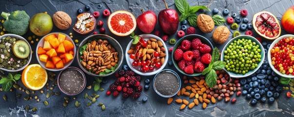 A curated selection of healthy foods, featuring a colorful array of superfoods, fruits, berries,...