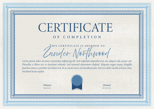 Certificate or diploma in vintage style and blue colors. Frame borders design. Vector illustration