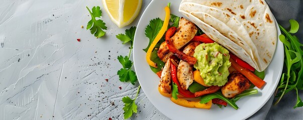 Chicken fajitas with guacamole presented on a white plate from a top-down perspective. Concept Food photography, Dinner presentation, Top-down view, Mexican cuisine, Fresh ingredients