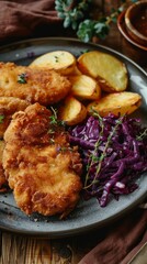 A delectable plate of crispy fried cutlet, accompanied by baked potatoes and red cabbage, served on a wooden table.