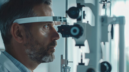 Man checking his eyesight in a modern ophthalmologist office
