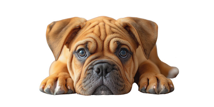 Bulldog breed of dog is centered on a white background. Image generated by AI