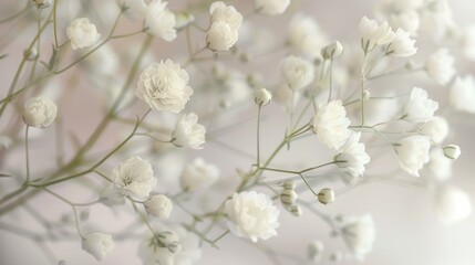 A delicate macro shot of Gypsophila, showcasing the fine details of these light, airy white flowers against a soft background.
