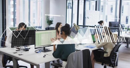 Animation of diagrams and data processing over diverse colleagues using phone headsets in office - Powered by Adobe