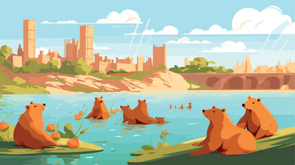 A group of capybaras lounging by a riverbank enjoying
