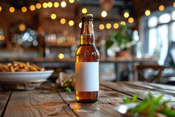 A bottle of beer sits on a table next to a plate of salad