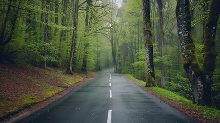 Naklejka premium Tranquil forest path scenic highway through wooded nature landscape for serene outdoor backgrounds