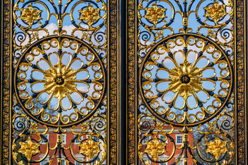 Close up of the decorations on the Golden Gates, historical ornate Victorian gateway from 1862 located in front of the Town Hall in Warrington, Cheshire, England, UK - 756392582