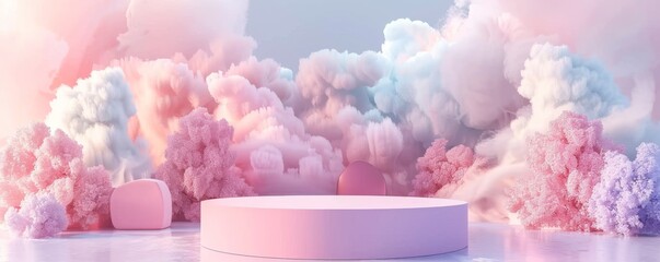 A podium basks in the radiant glow of a sunset amidst a dreamy cloudscape, offering a heavenly setting for showcasing objects