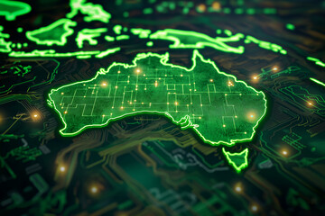 Digital technological map of Australia on microcircuit surface with neon lights - data exchange and modern communication concept