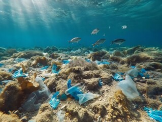 Fish swim above a seabed littered with plastic waste, highlighting the environmental issue of marine pollution.