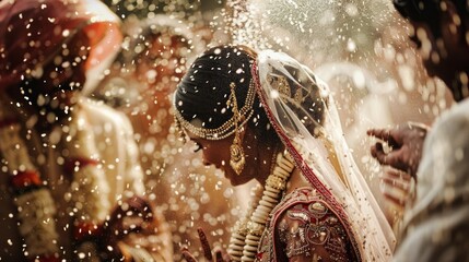 A touching photo captures a bride and groom during their wedding ceremony, enveloped in a flurry of rice and grain, honoring a beloved tradition. - obrazy, fototapety, plakaty