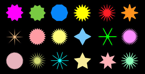  Brutalist geometric star shapes, colorful symbols. Abstract star shapes in Swiss minimalist style. Vector illustration