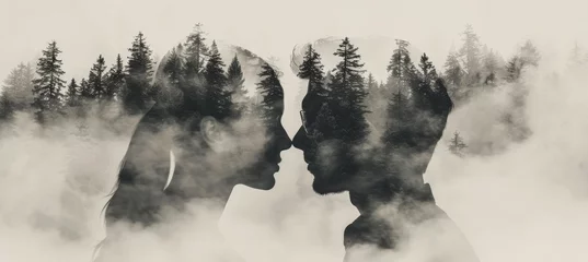 Foto auf Acrylglas Double exposure  woman and man silhouettes blend with serene forest landscape in the background © Ilja