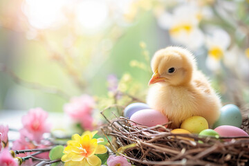 Chick with easter eggs in spring